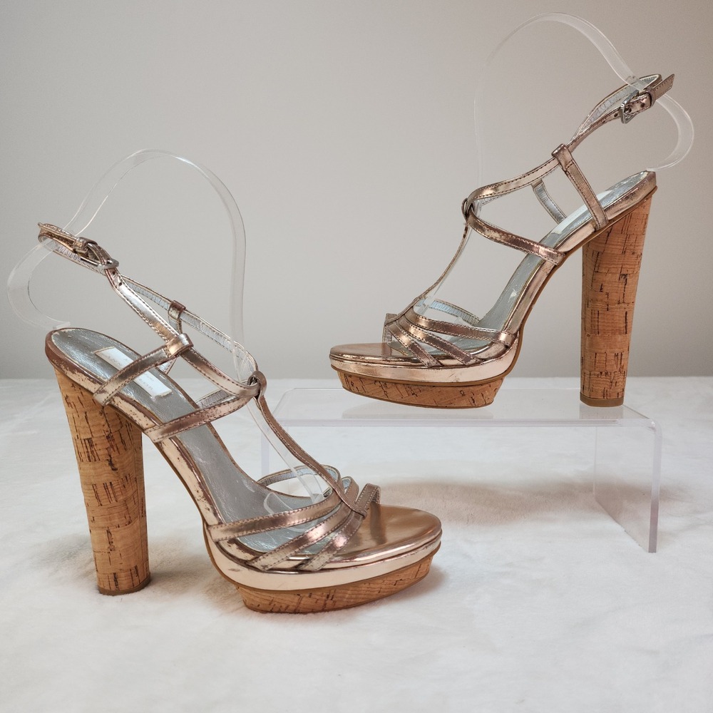 Rose Gold Metallic Platform Heels Size 7 Caged Strappy Cork Block Heel Stiletto